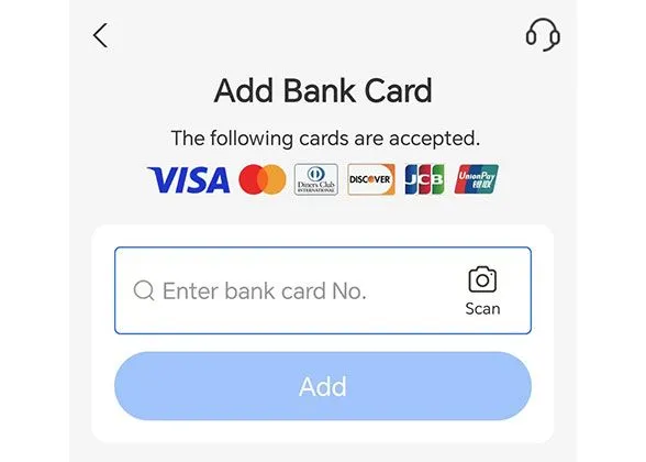 Alipay add-bank-card screen, English interface