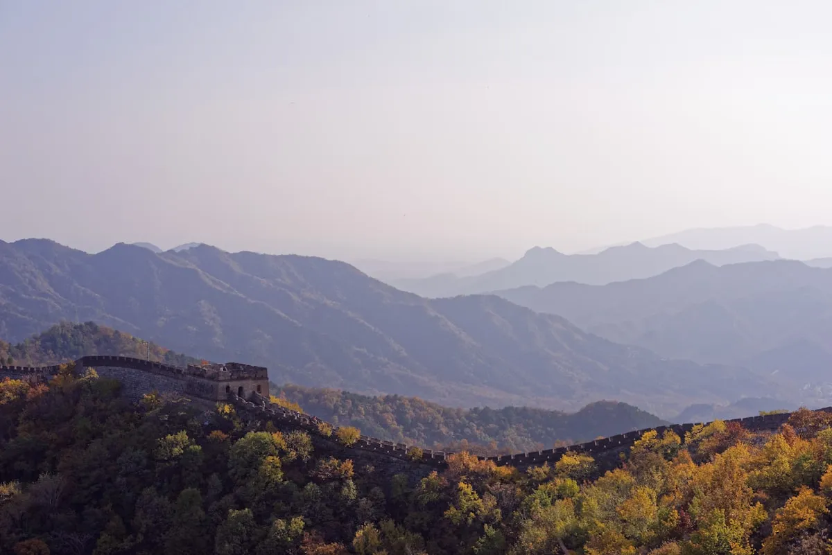 Mutianyu Great Wall in autumn with foliage and watchtowers