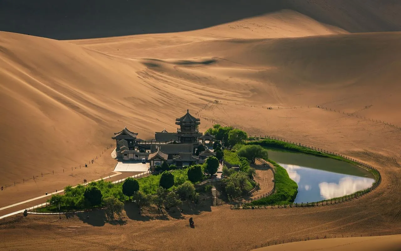Mingsha Mountain and Crescent Lake — desert dunes outside Dunhuang